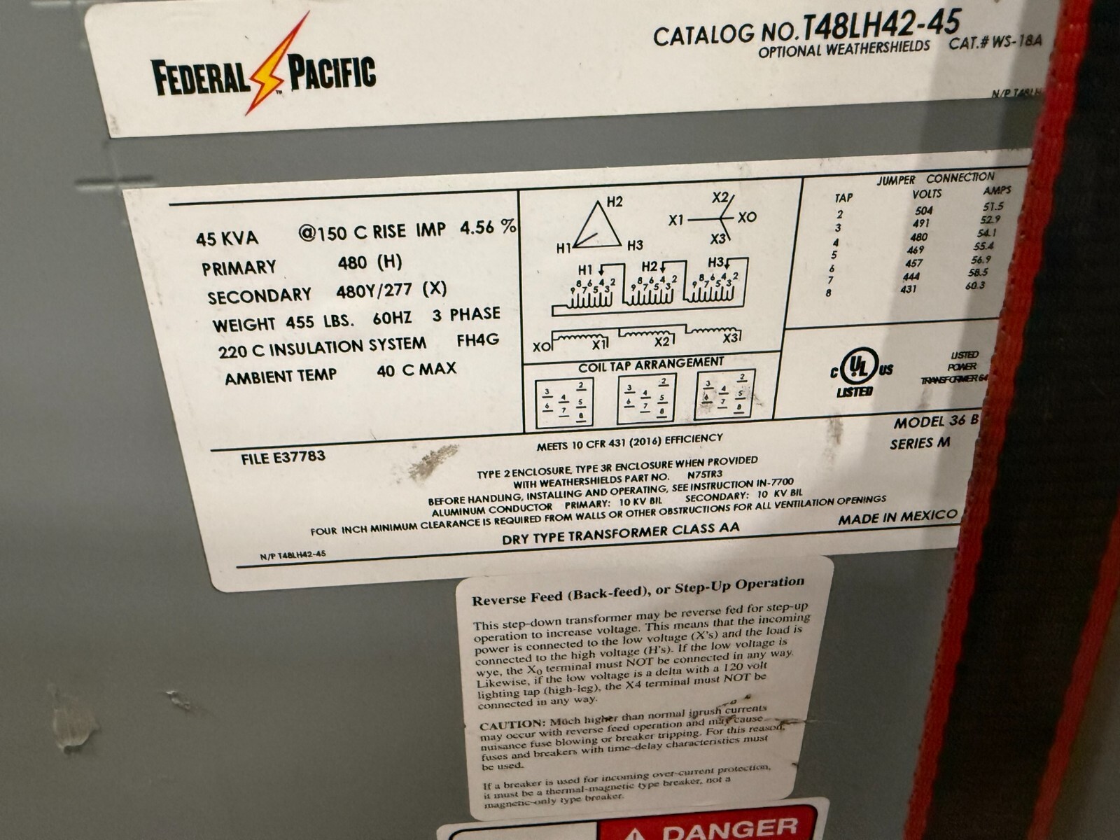 Federal Pacific T48LH42-45 Dry Type Transformer 45 kVa 480V to 480Y/277V #HP-107