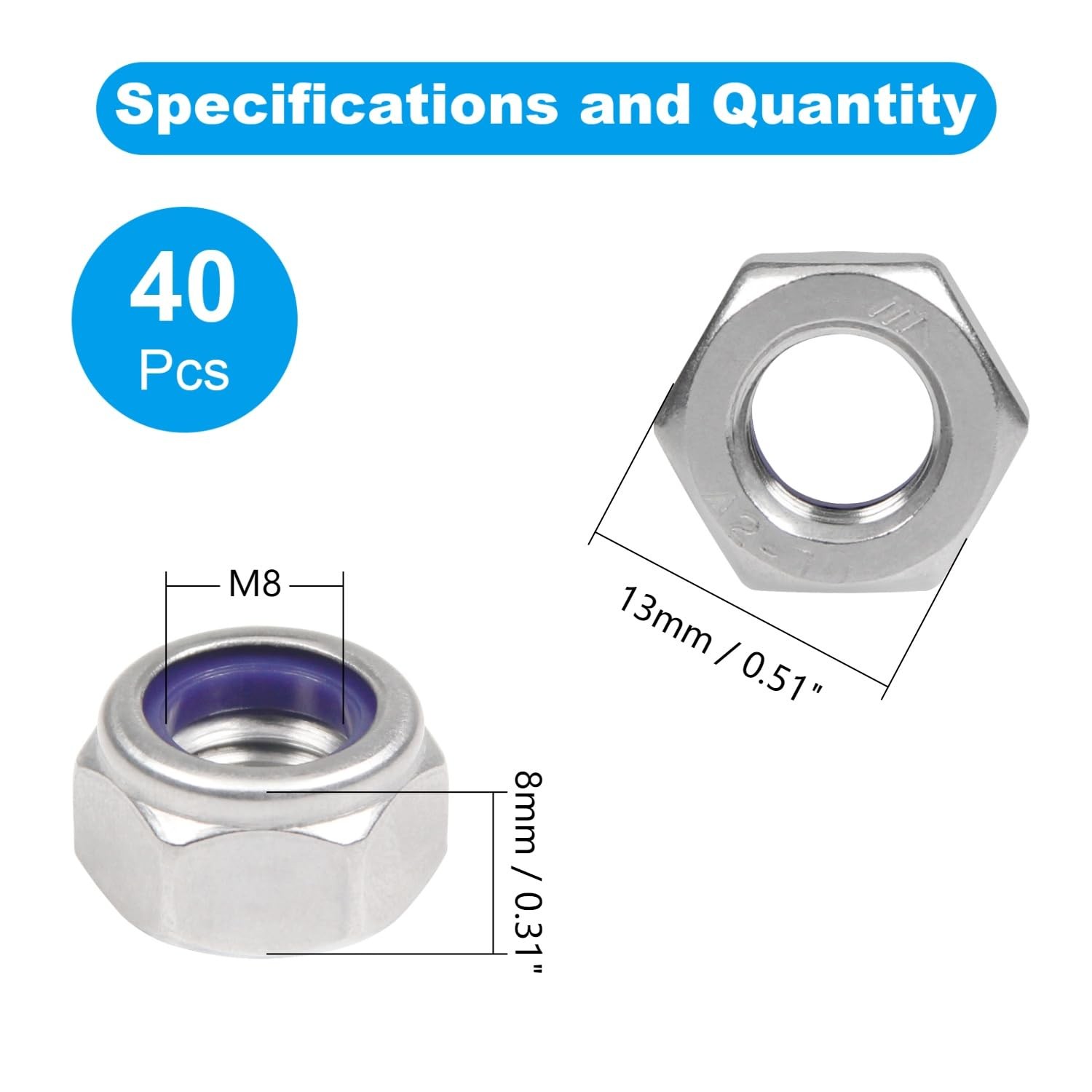Yinpecly 40PCS M8 Locknuts M8x1.25mm Nylon Insert Hex Lock Nuts 304 Stainless…