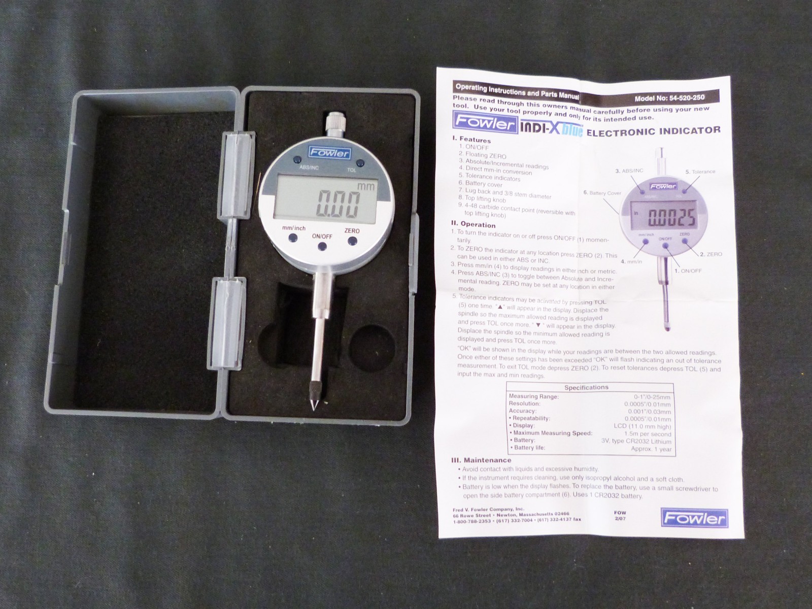 Fowler 54-520-250 Indi-X Blue Electronic Indicator 0-1 inch 0.0005 case + paper