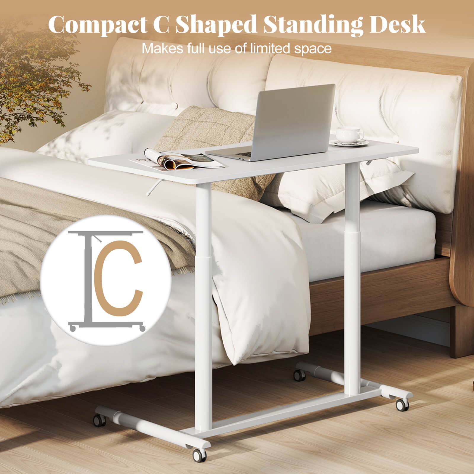 Costway Height Adjustable Computer Desk Sit Stand Rolling Notebook Table White