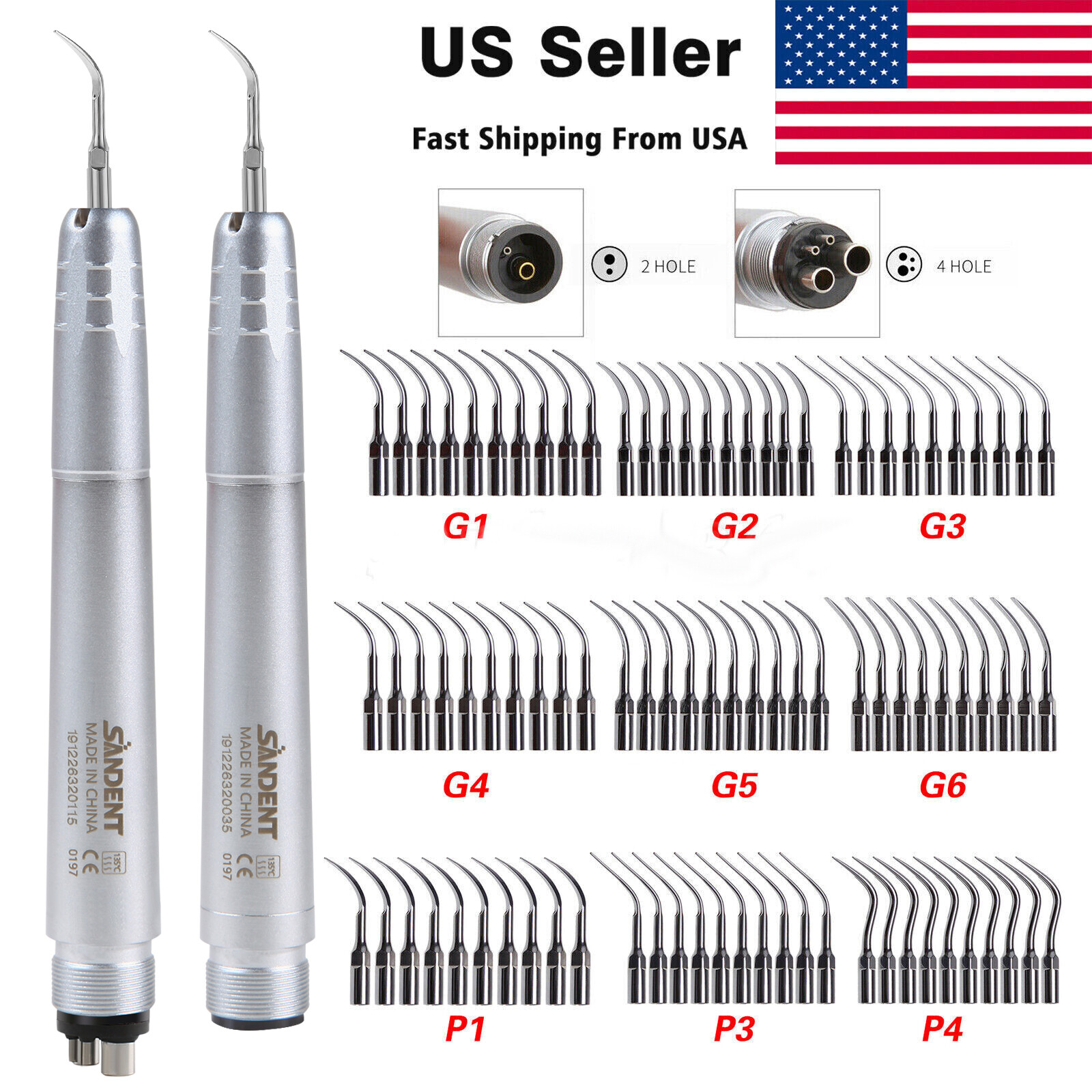 Dental Ultrasonic Air Scaler Handpiece Hygienist 2Hole/4Hole With 3 Tips USA