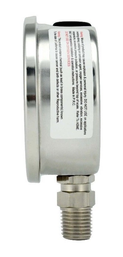 2″ Pressure Gauge, Stainless Steel Case, Liquid Filled, Lower Mnt, 2000 PSI