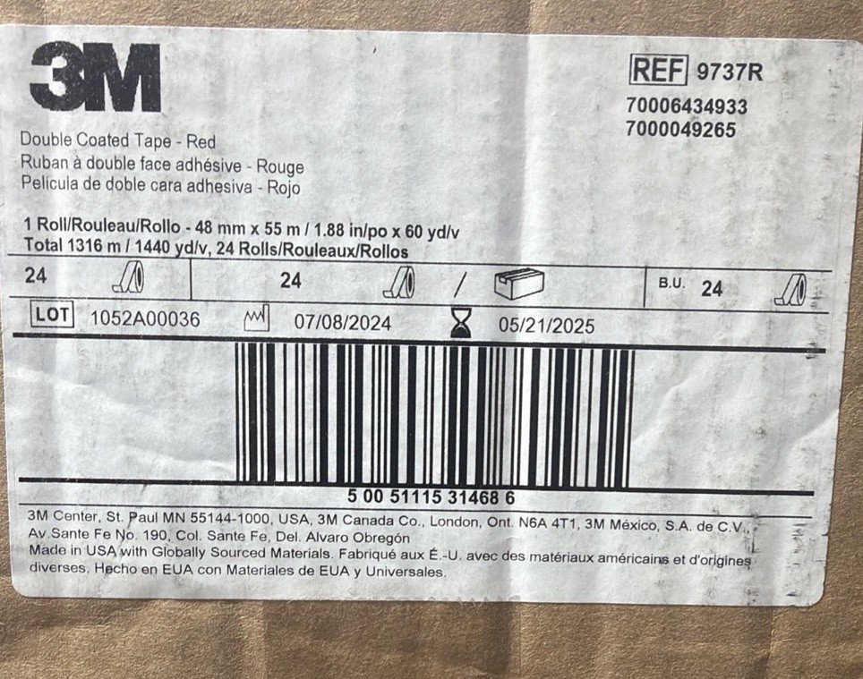 3M Double Sided Tape 1.88 In. X 60yds – 24 Rolls. 9737R Red 3.5mil