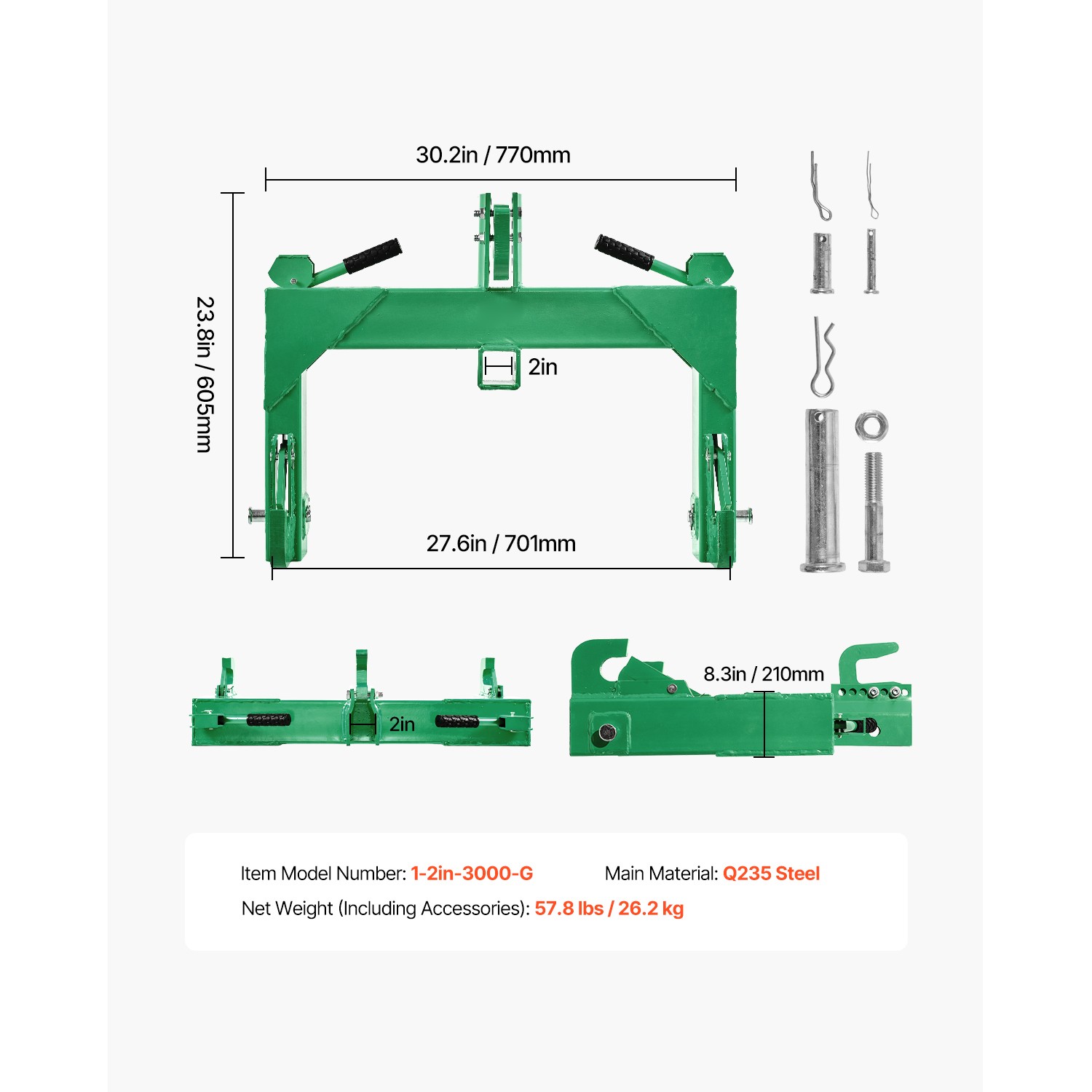 Uimoso 3-Point Quick Hitch with 2″ Receiver for Category 1 & 2 Tractors, 3000lb