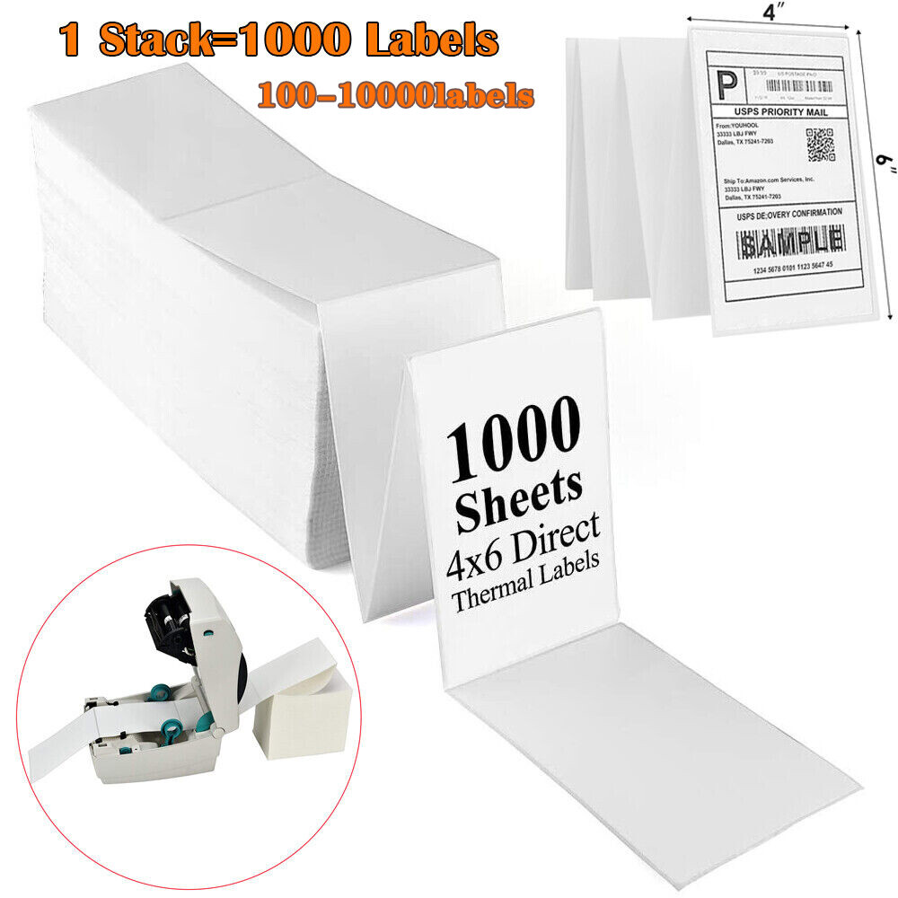 4″x6″ Fanfold Direct Thermal Shipping Labels Zebra & Rollo Printers 1000/Stack