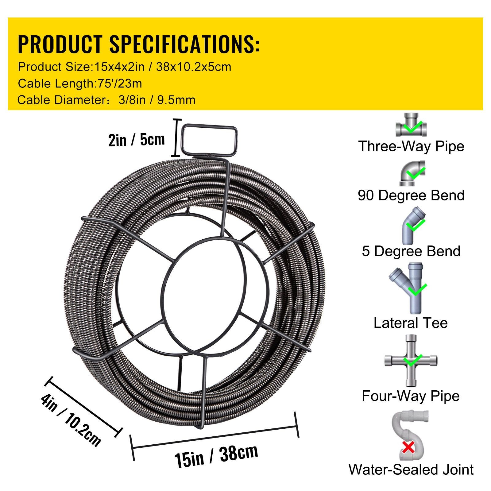 Drain Cleaning Cable 75 Feet x 3/8 Inch Solid Core Cable Sewer Cable Drain Auger