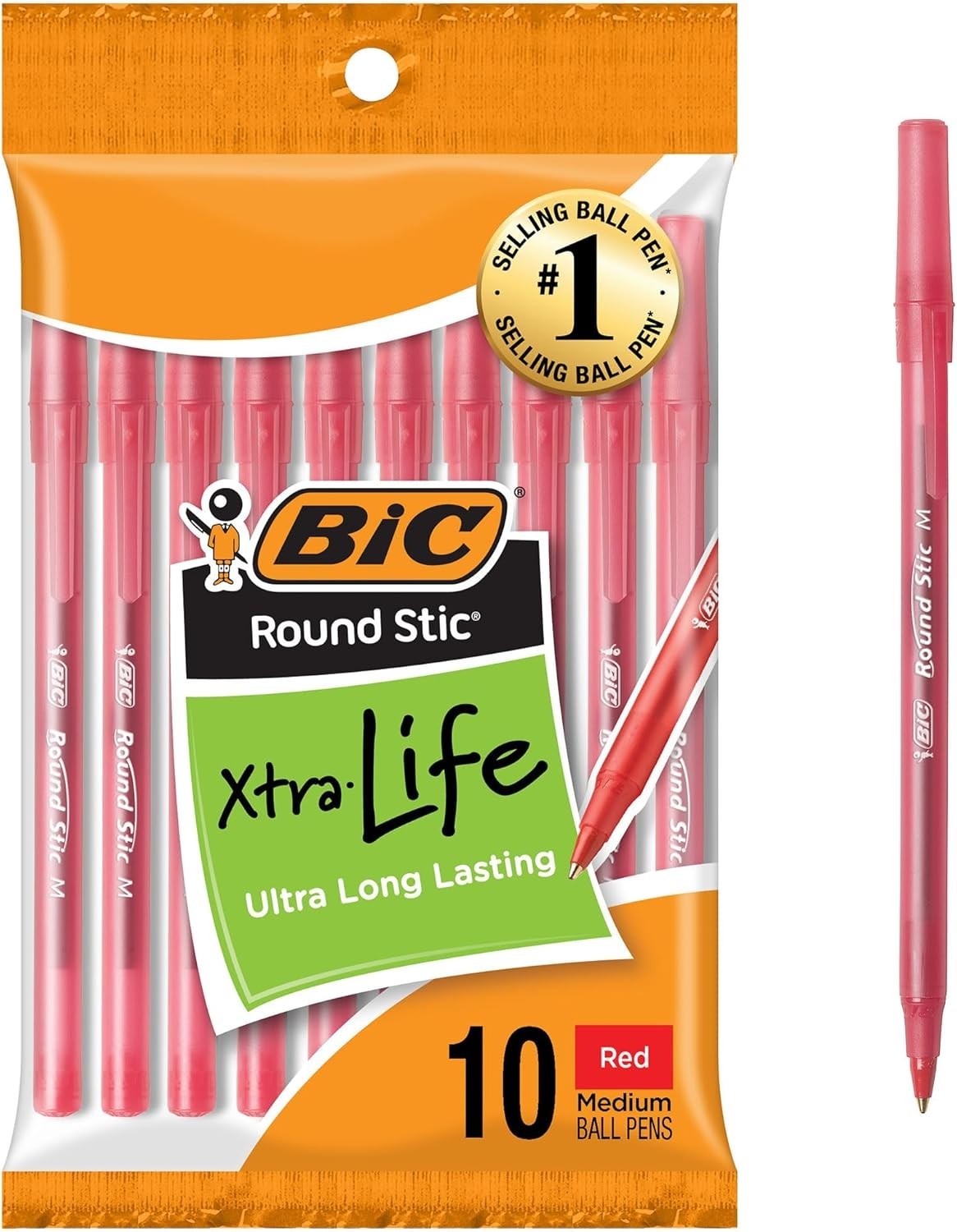 10-Count BIC Round Stic Xtra Life Red Ballpoint Pens, Medium Point (1.0mm)