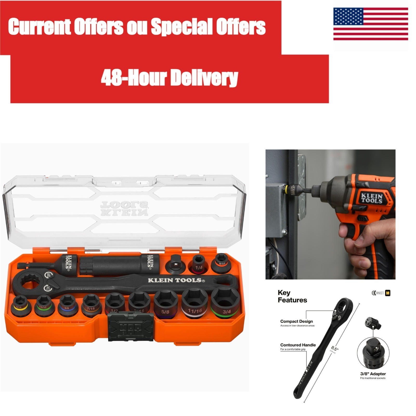 Klein Tools 65400 KNECT 15-Piece Pass Through Socket Set SAE Impact