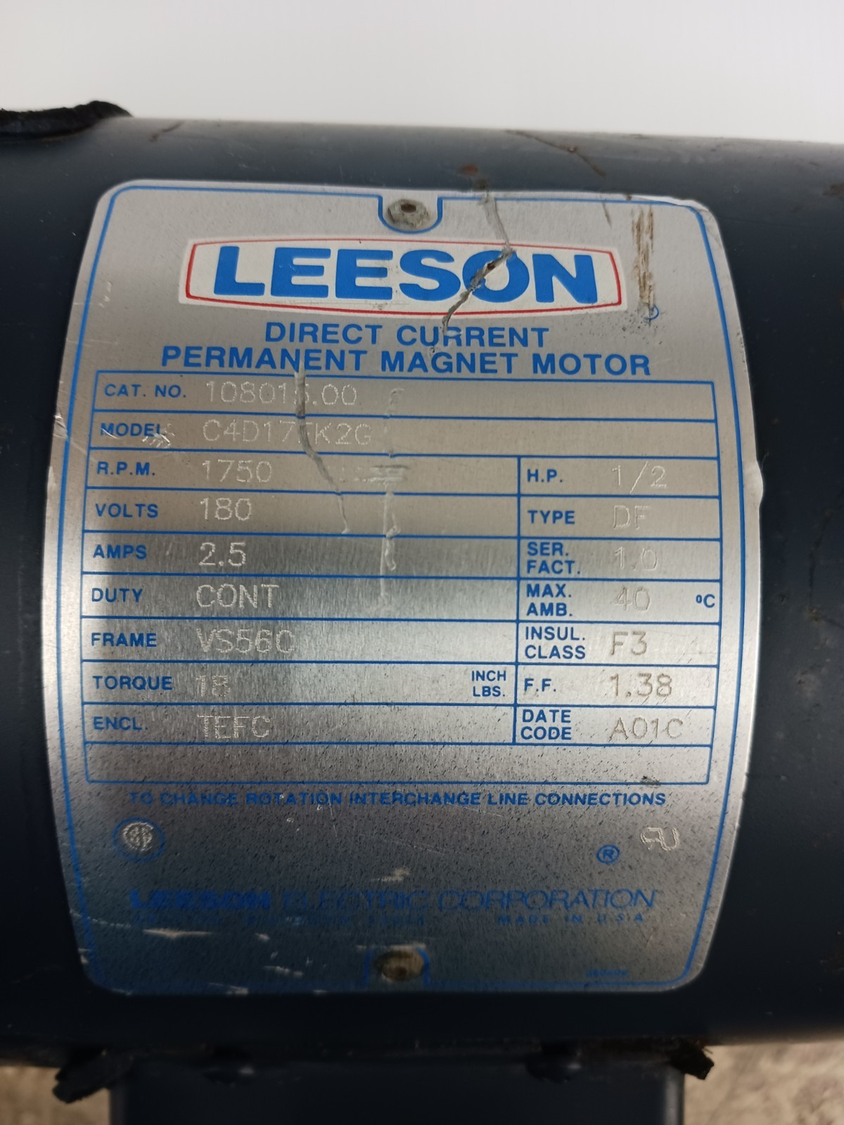 New Leeson 1/2 HP DC Electric Motor 56c Frame 180 Vdc 1750 Rpm Tefc 108015.00