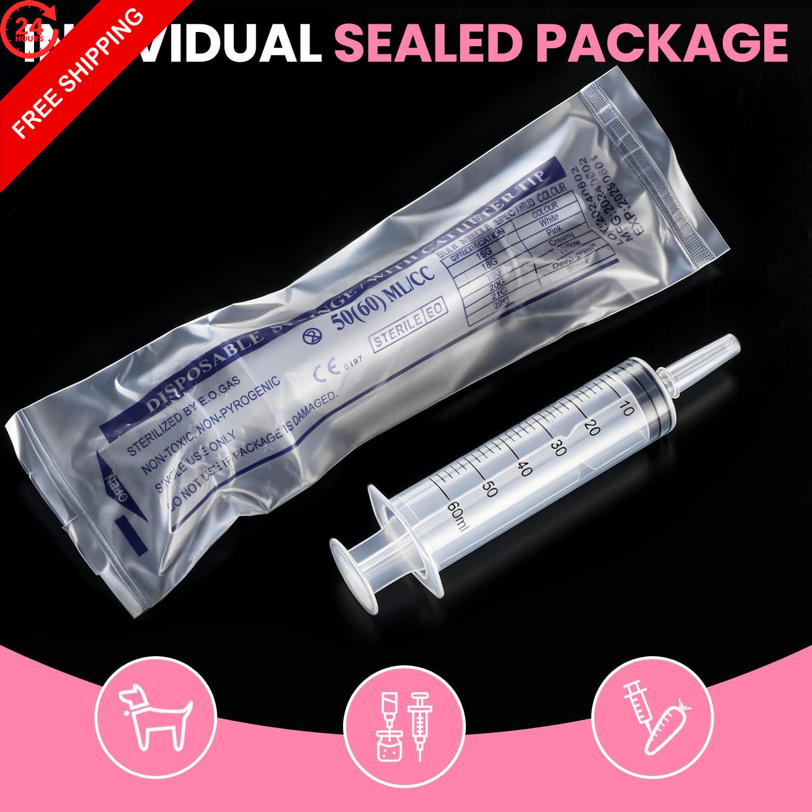 18 PCS 60ml Oral Syringe With Cap, Plastic 60 milliliters, transparent