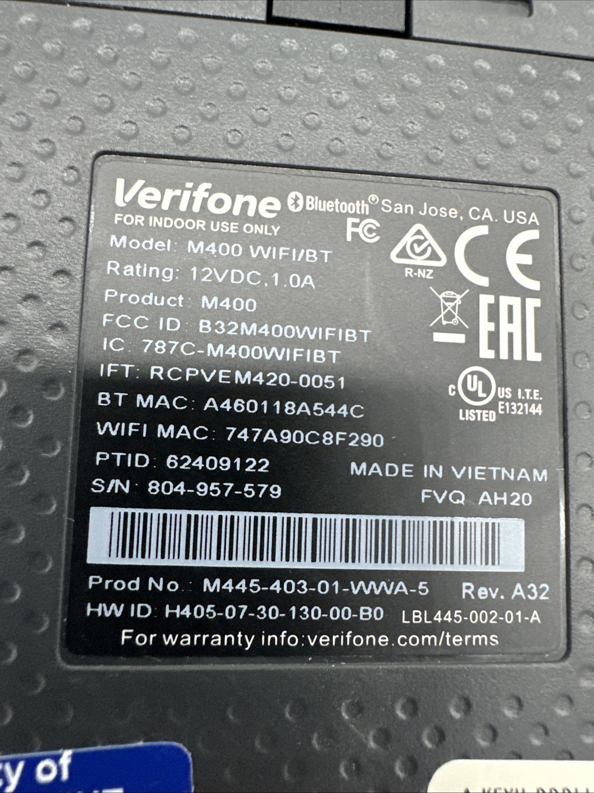 Verifone M400 WiFi/BT Credit Card Terminal Payment Reader w/ PoE Adapter