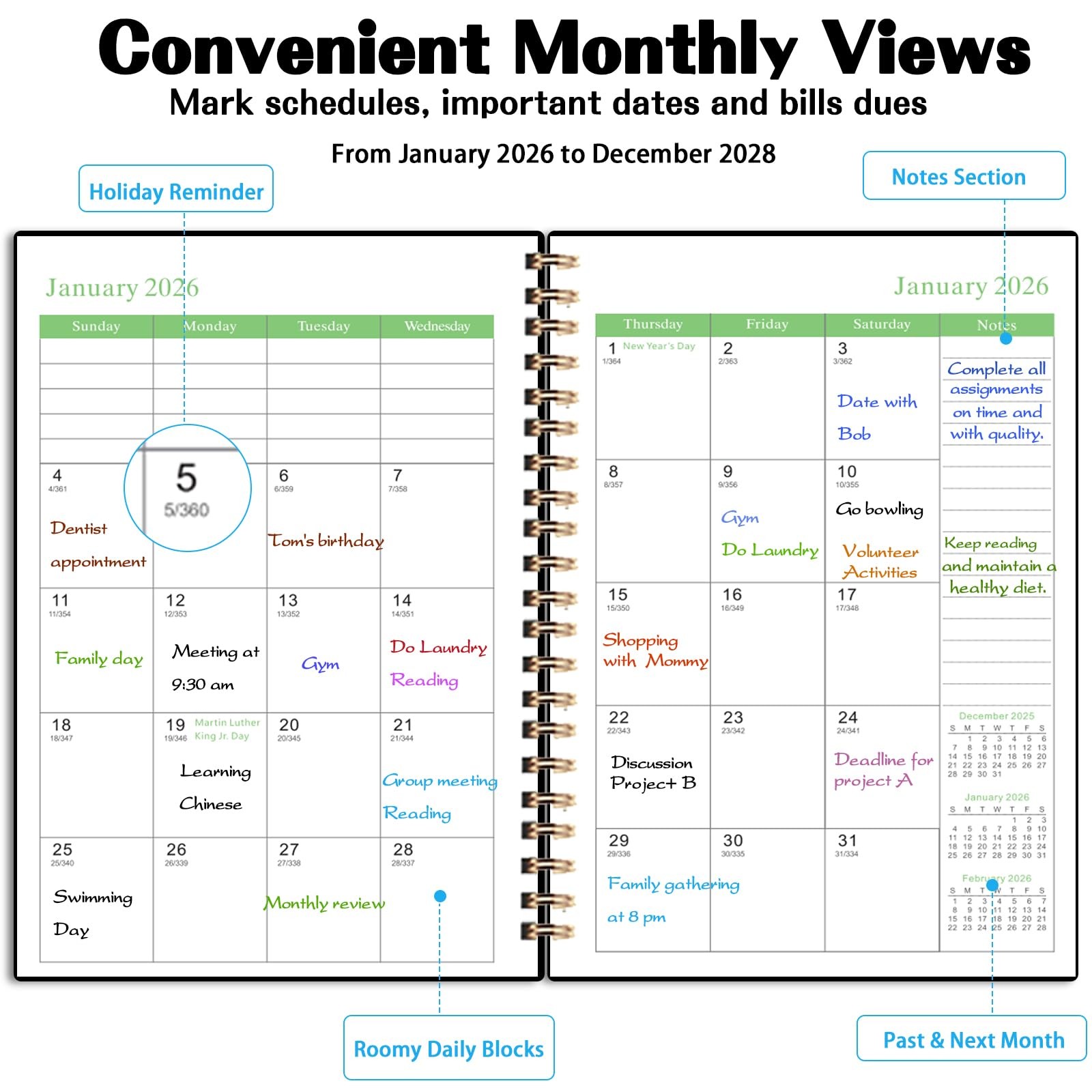 Monthly Planner 2026-2028, 3 Year 5.7» X 8.5», Black(JAN2026-DEC2028)