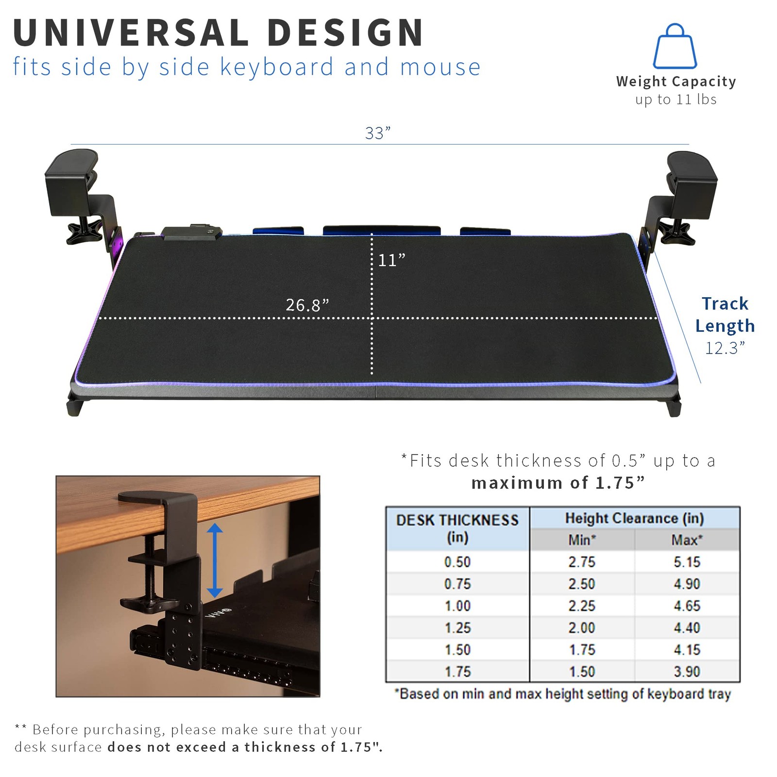 Large Height Adjustable Under Desk Keyboard Tray with RGB LED Light Mouse Pad, C