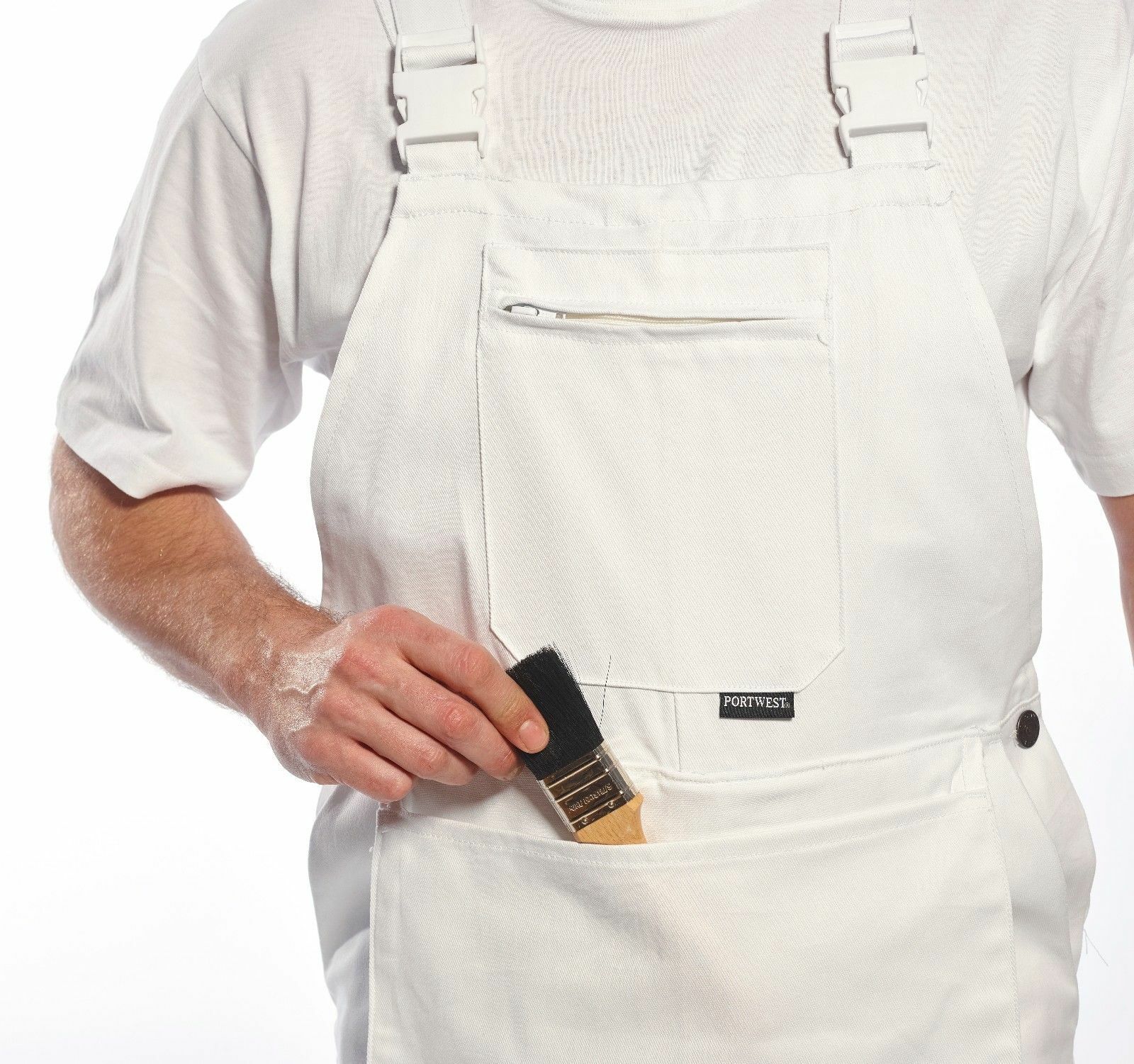 Portwest S810 Bolton White Cotton Painters Bib Overalls with Knee Pad Pockets