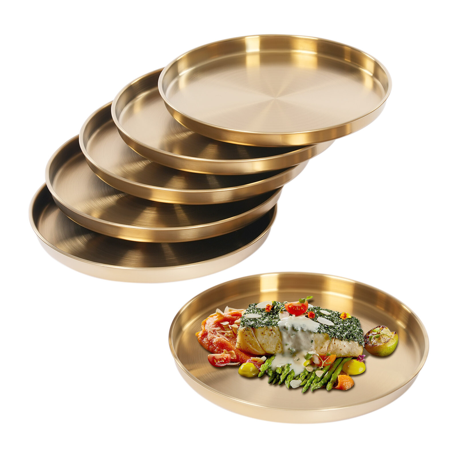 6Pcs Round Serving Trays Stainless Steel Table Tray Gold Decorative Tray