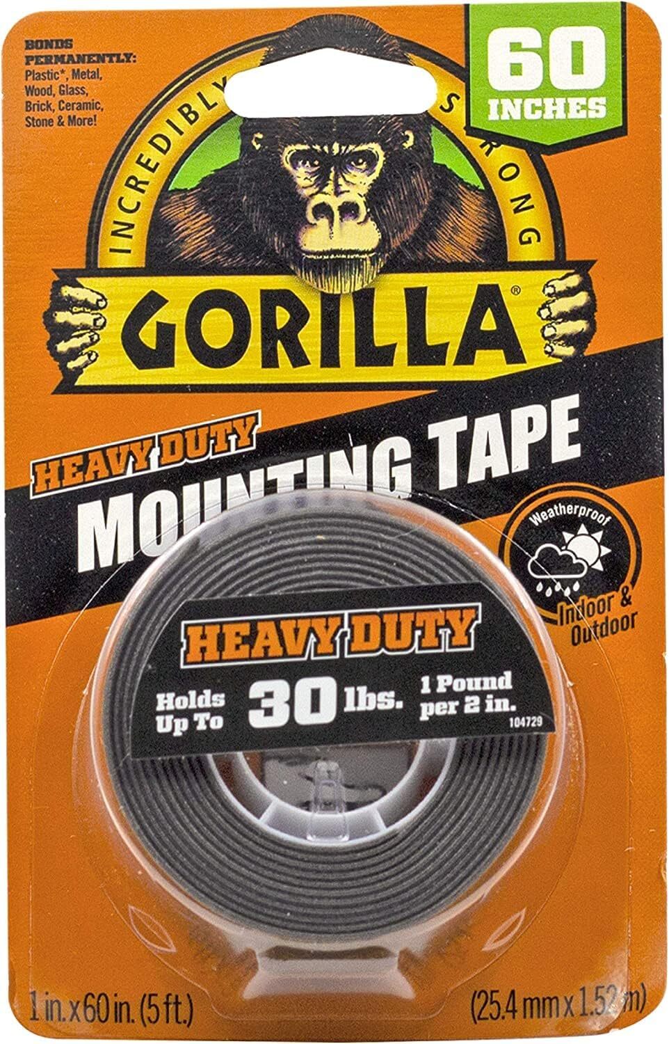 Heavy Duty Double Sided Mounting Tape, Weatherproof, 1″ x 60″, Black, 1EA