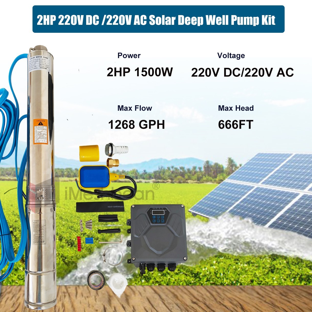4″ 2HP AC/DC 220V Solar Pump Submersible Pump Bore Deep Well Pump+MPPT Controlle