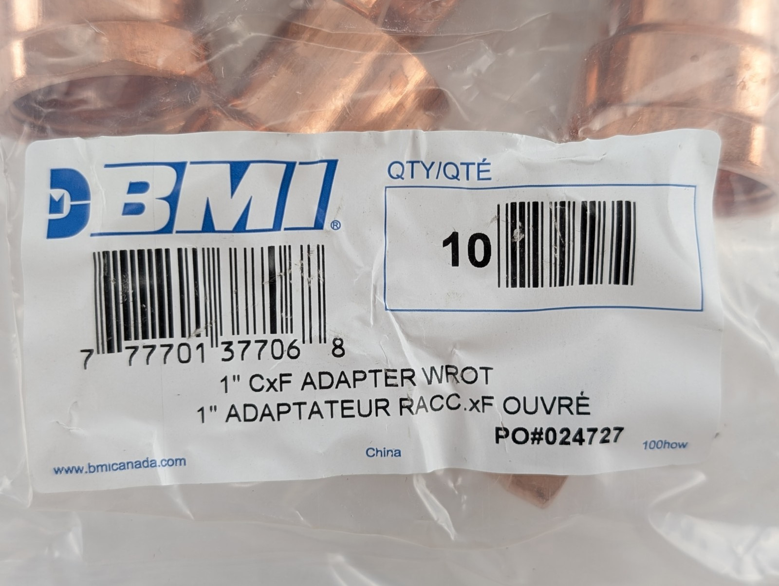 NEW BAG OF 10 PCS. BMI 1″ CxF Adapter Wrot COPPER 37706 1″