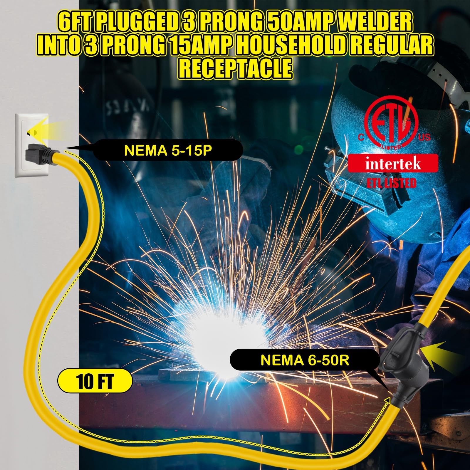10 Ft 15 Amp Welder Adapter Extension Cord NEMA 515P to 650R STW 10AWG/3C