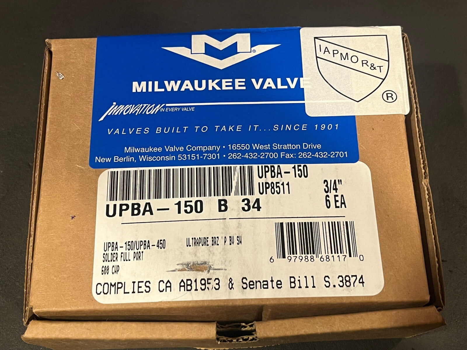 (6) 3/4″ Solder Full-Port Lead-Free Bronze Ball Valve 600WOG 150WSP, MADE IN USA