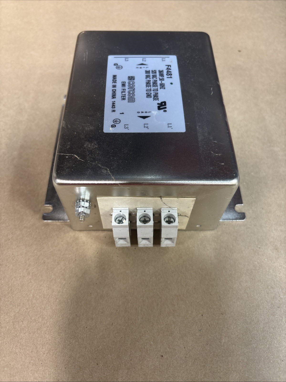 Corcom F4481 EMI Filter 36A 50/60Hz 520V Phase to Phase 300V Phase to Ground