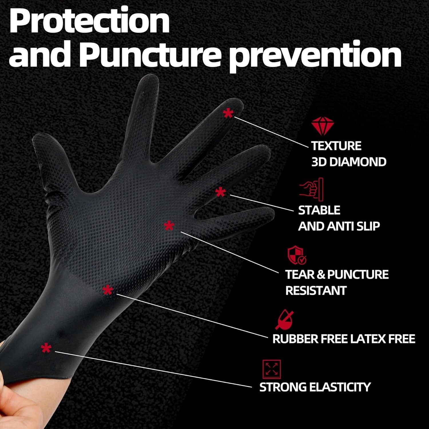 8-mil Heavy Duty Black Industrial Nitrile Gloves With Raised Diamond Texture