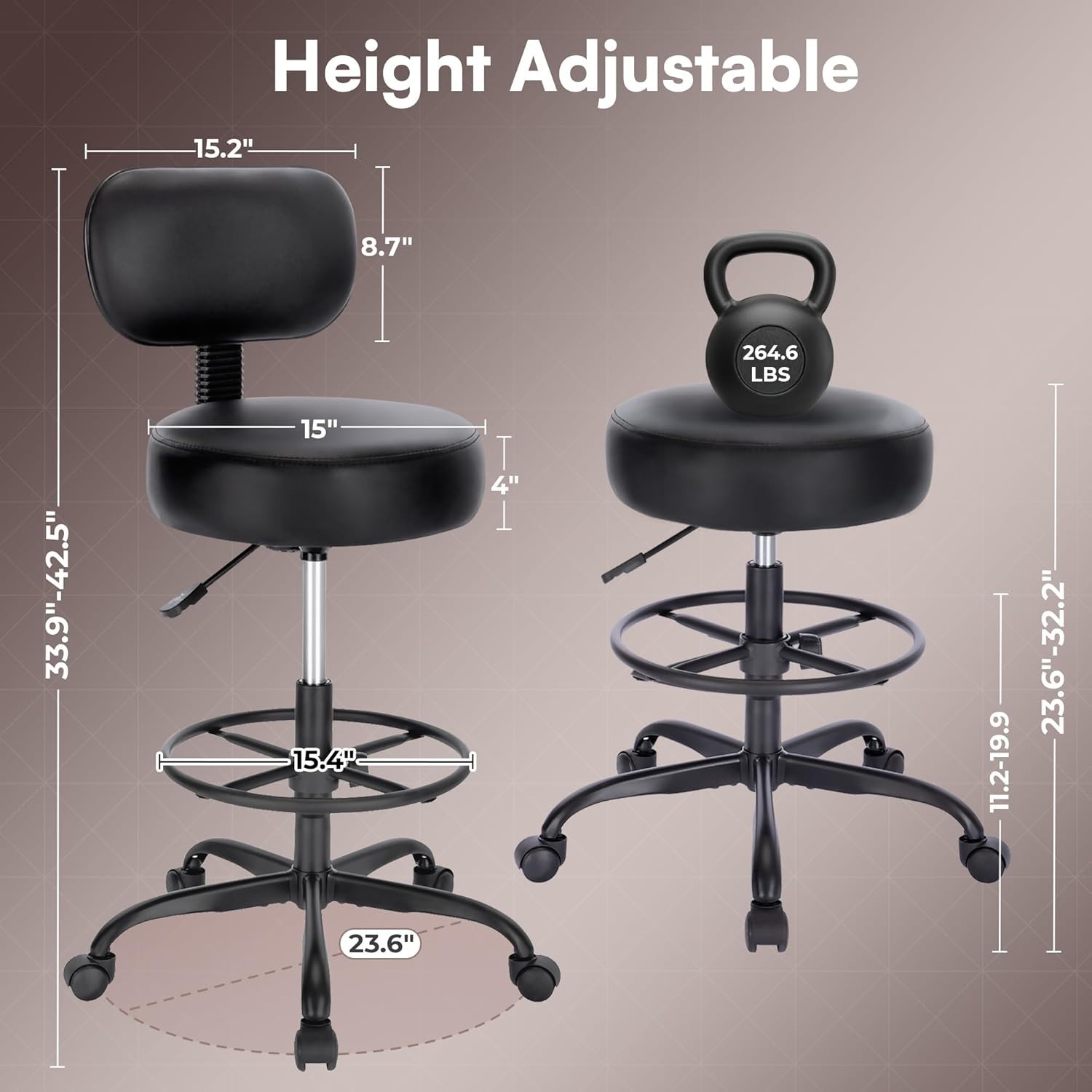 Drafting Stool with Backrest, Adjustable Footrest & High-density Cushion