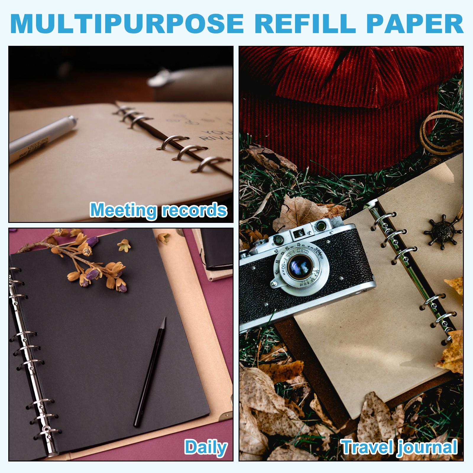 A5 Refill Paper, Unlined Blank Kraft Paper 6 Ring, 80 Sheets/160 Pages