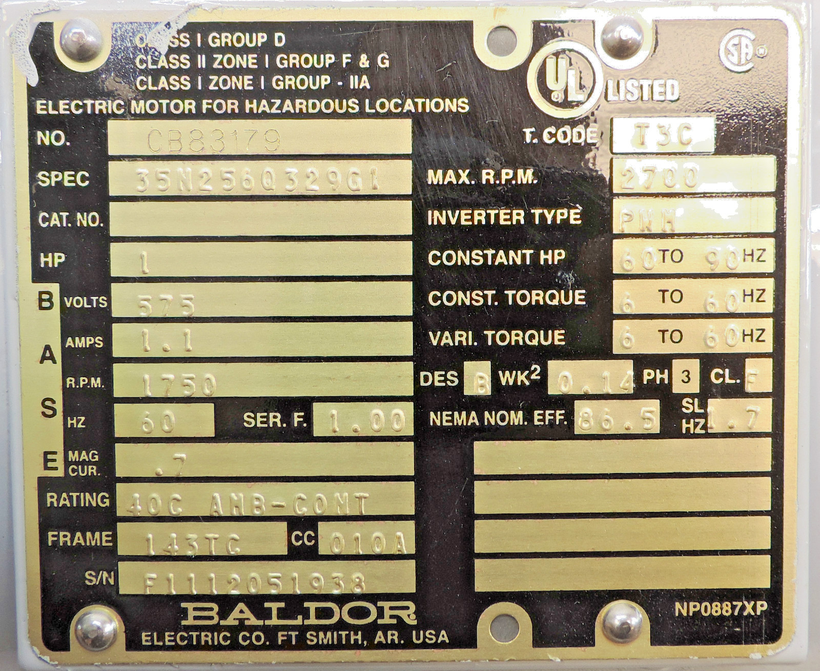 Baldor CB83179 35N256Q329G1 1 Hp 1750 Rpm Electric Motor 3 Ph 575 VAC