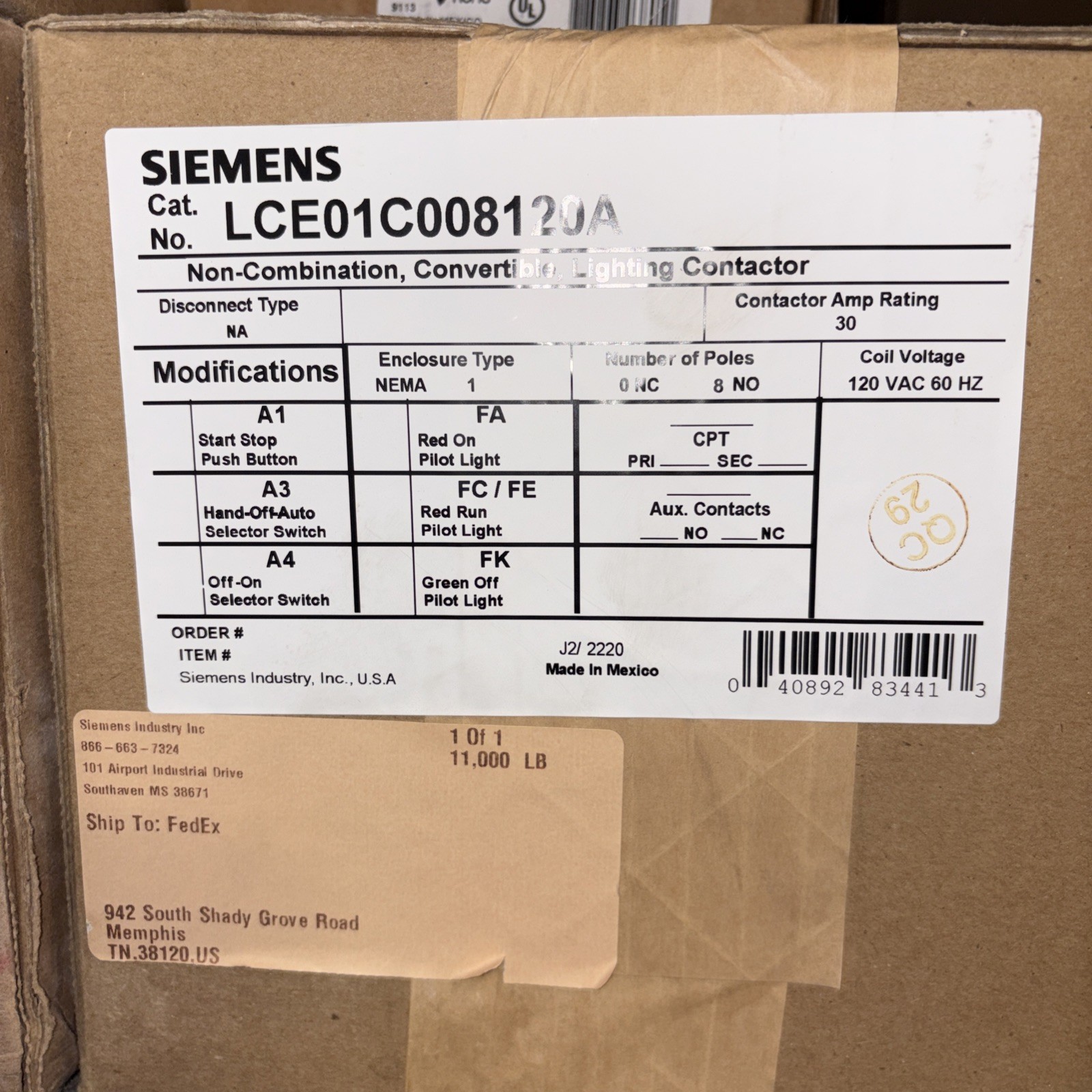 Siemens LCE01C008120A 8-Pole 8NO NEMA 1 Electrically Held Lighting Contactor NEW
