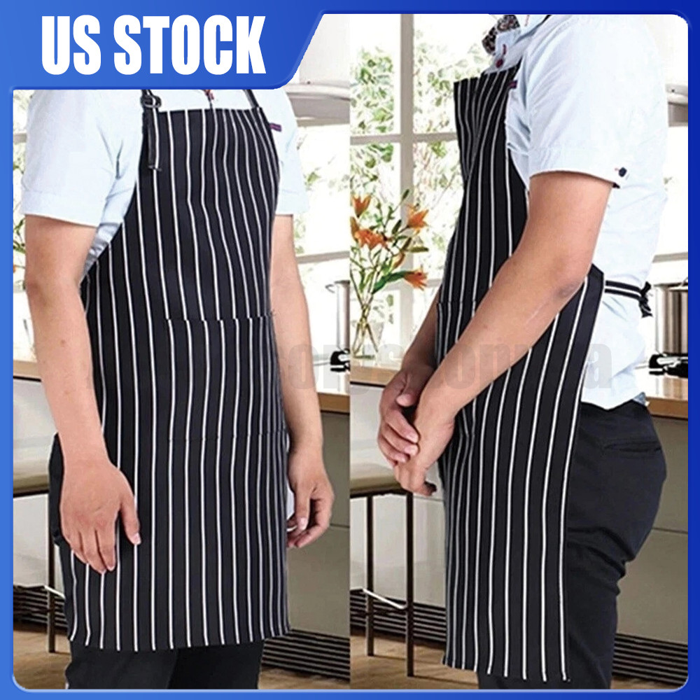 1Pc Kitchen Aprons Striped Cooking Chef Adjustable Bib Apron with 2 Pockets