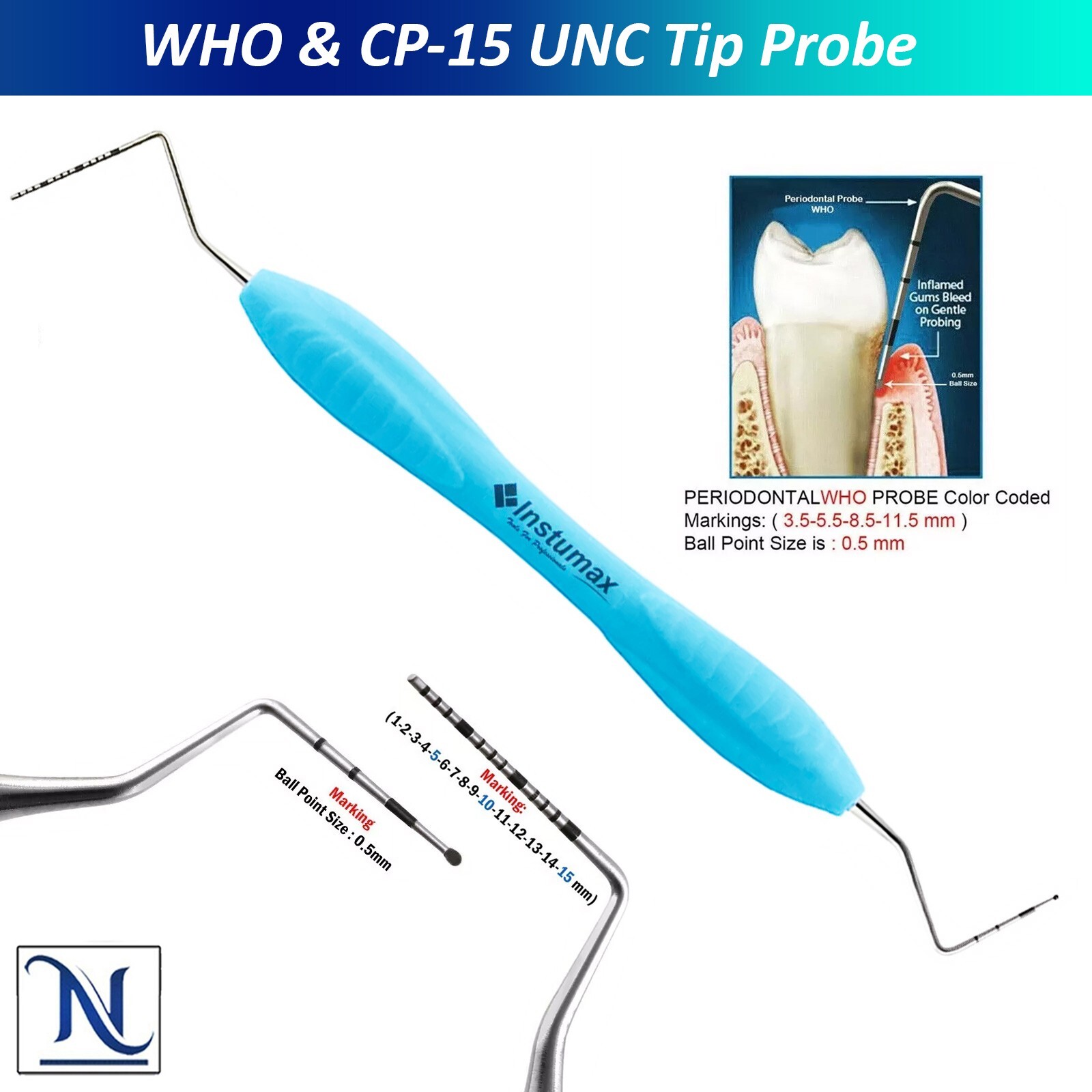 WHO Ball End Dental Probe CP-15 UNC for Periodontal Measurement Probes 7Pcs Set