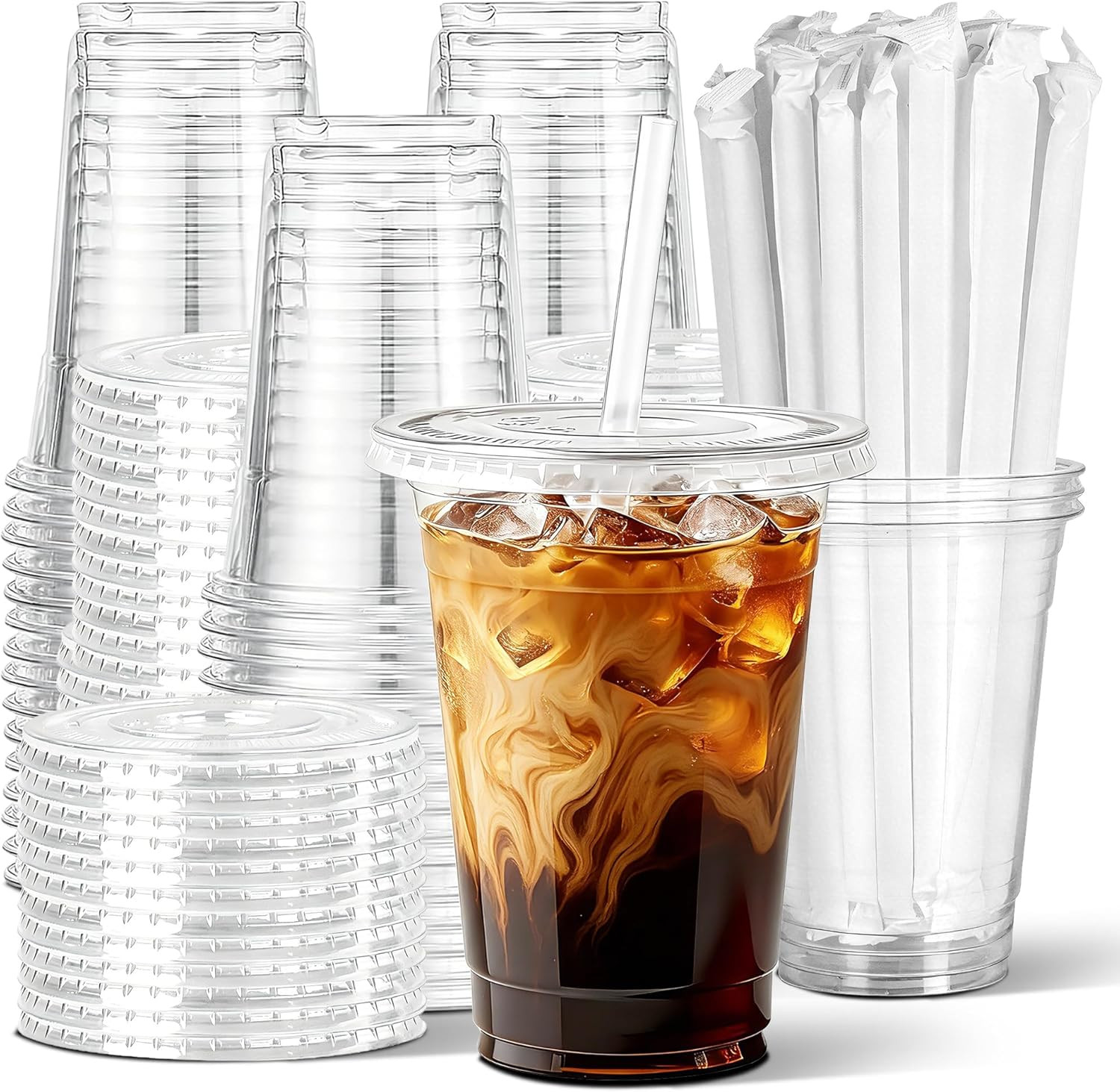 Ginkgo 50 Pack 16 Oz Clear Plastic Cups with Lids and Straws, Leak-Proof