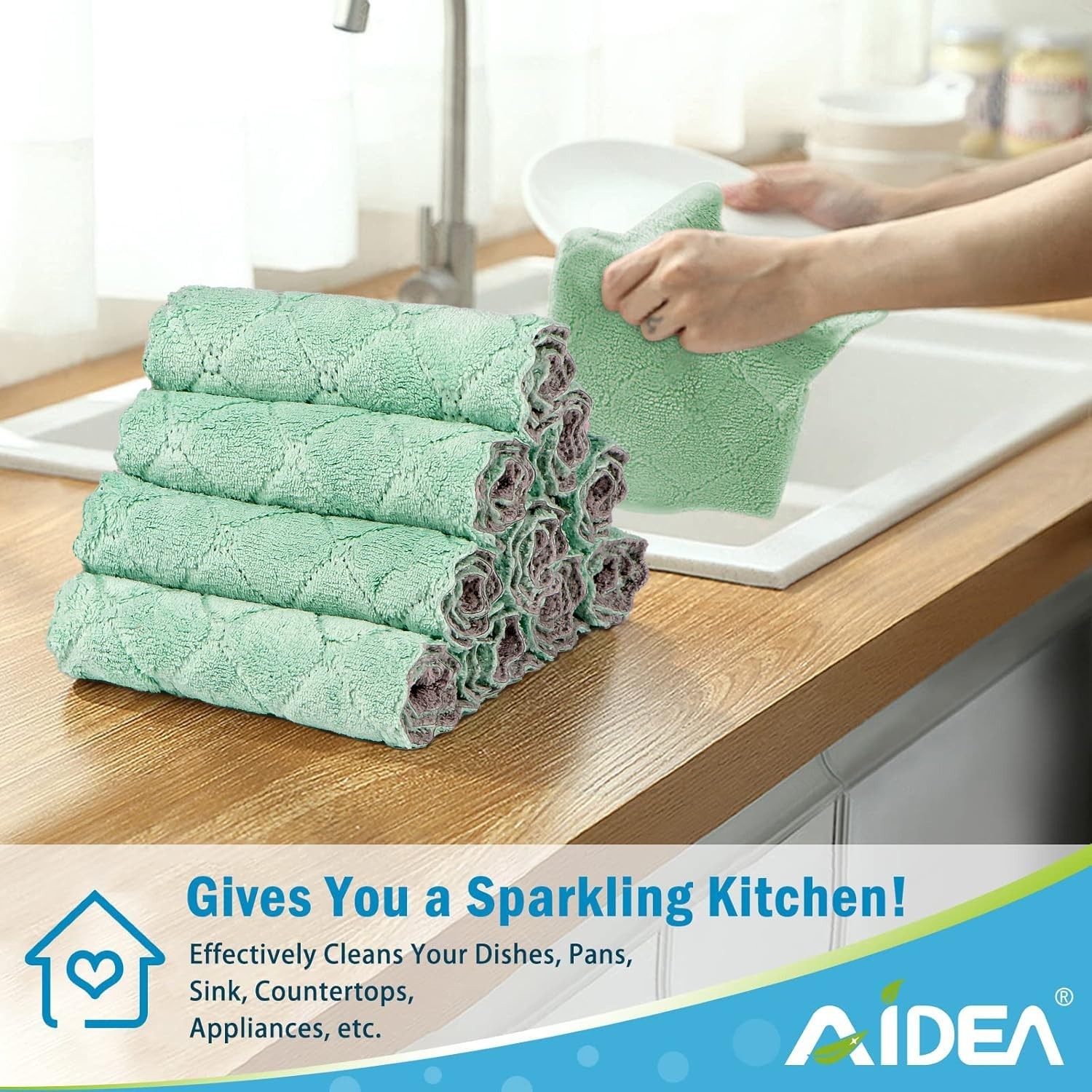 AIDEA Kitchen Towels, 12 Pack Absorbent Coral Fleece Dish Towels, No Odor Reu…
