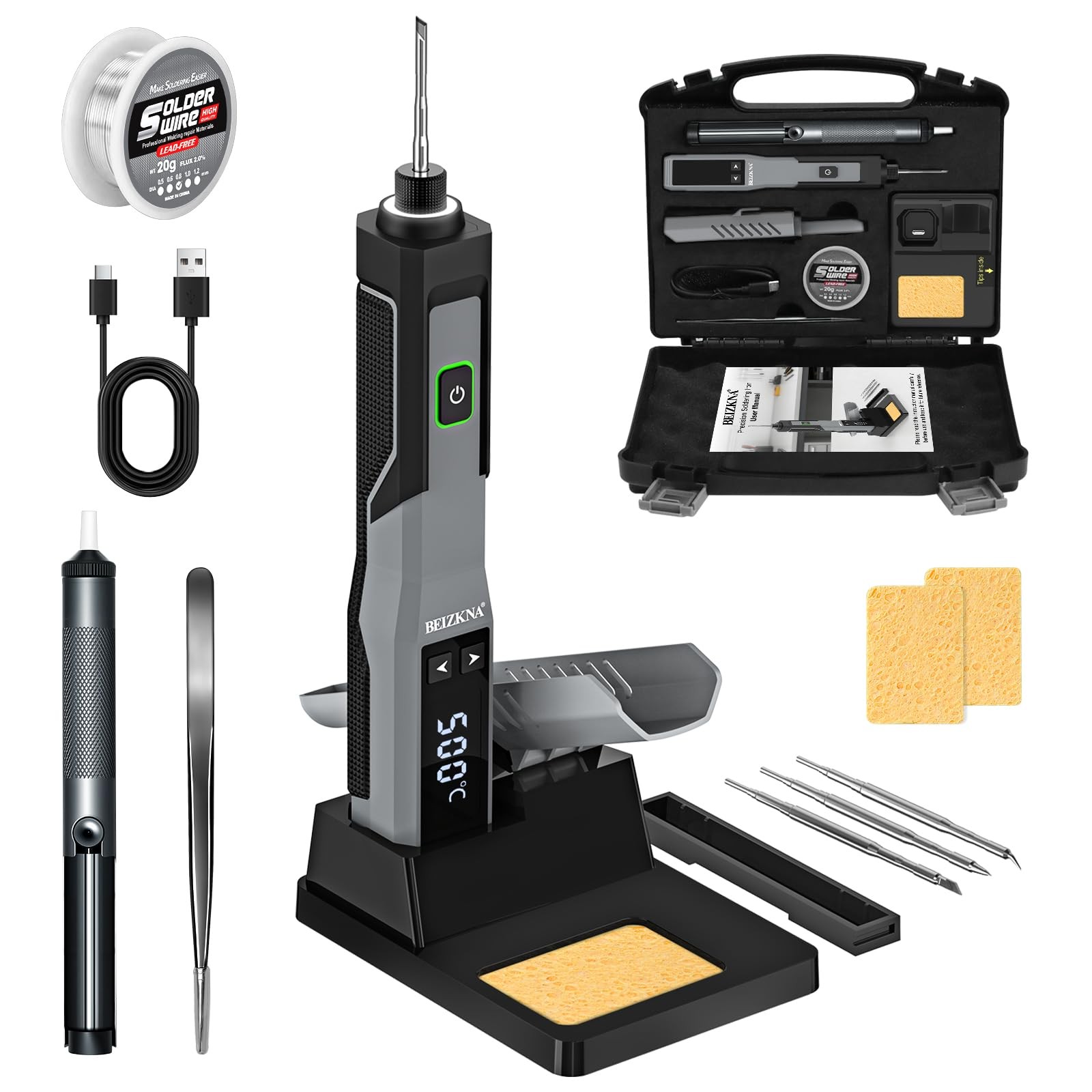Soldering Iron Kit Cordless 5s Heating 14-in-1 Portable Grey