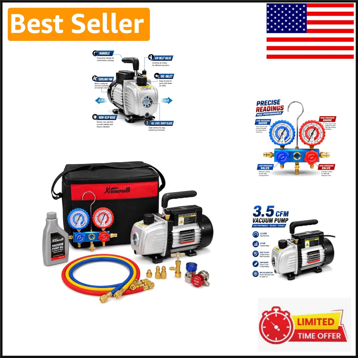 Lightweight 1/4 HP Vacuum Pump & A/C Manifold Set – Efficient Refrigeration Tool