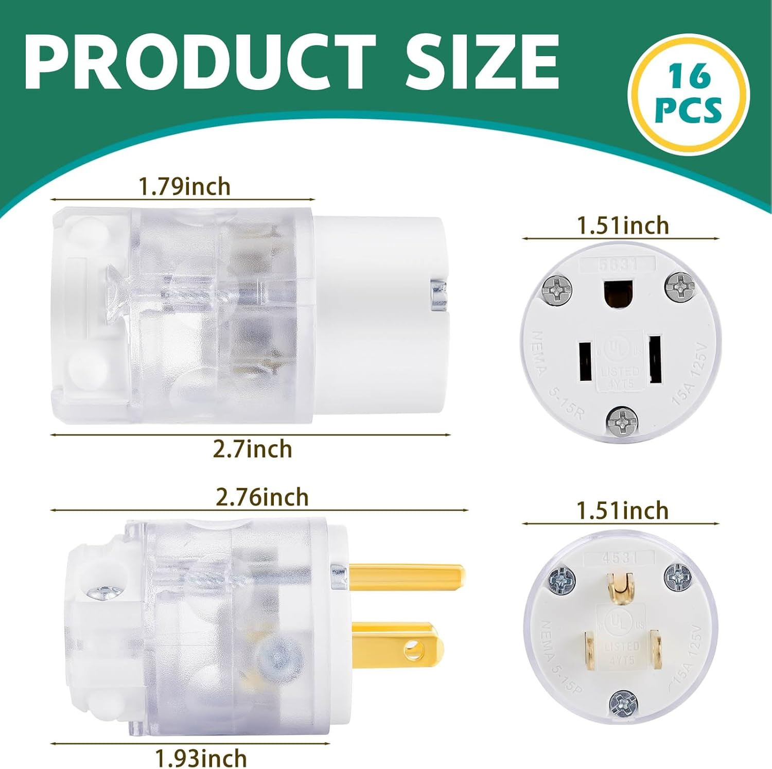 8 Sets Lighted Extension Cord Replacement Ends, 15A 125V NEMA 5-15P/R Male & Fem