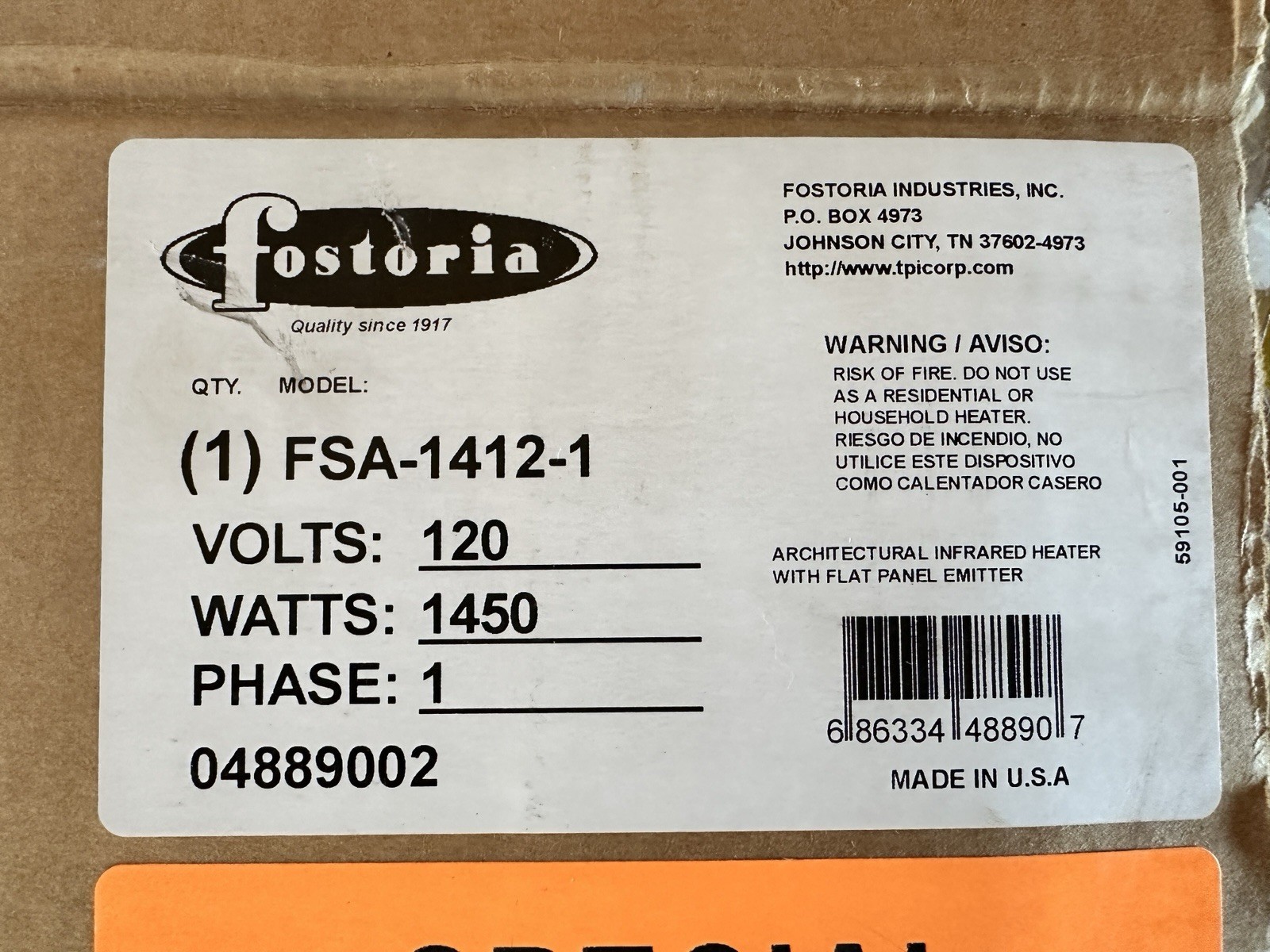 Fostoria FSA-1412-1 Sun-Mite Infrared Heater 1450W 120V 1PH 04889002