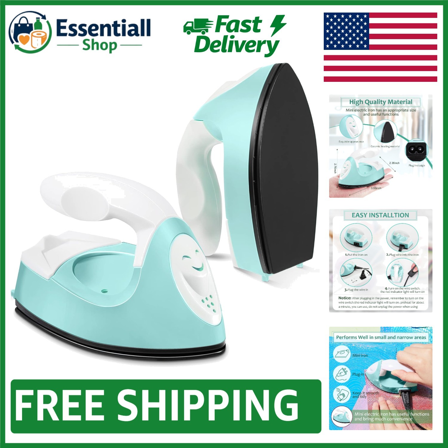 Portable Mini Craft Iron: 3.93×2.36 in Heat Press for DIY Projects – Mint Green