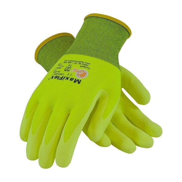 Pip 34-874Fy/M Hi-Vis Coated Gloves, Foam Nitrile, Foam, Palm, 3 Abrasion