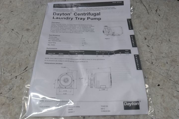 Dayton 5PXX9 1/4 HP 1725 Max RPM 115VAC 11 Ft Max Head Centrifugal Pump