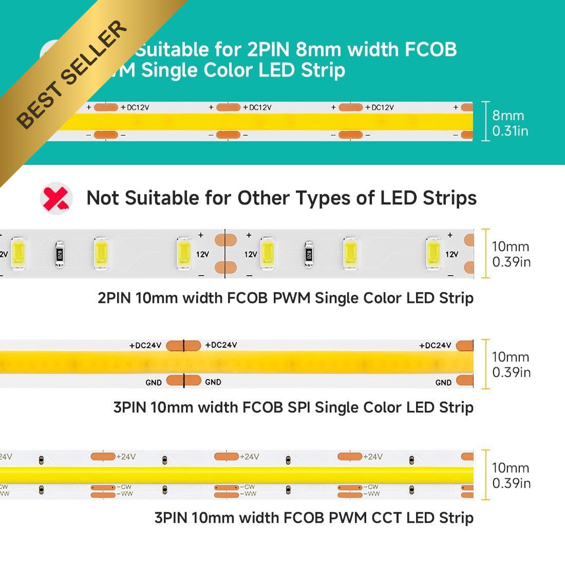 BTF LIGHTING FCOB COB 8mm Connector Kit Solderless 2 Pin Single Color Strip