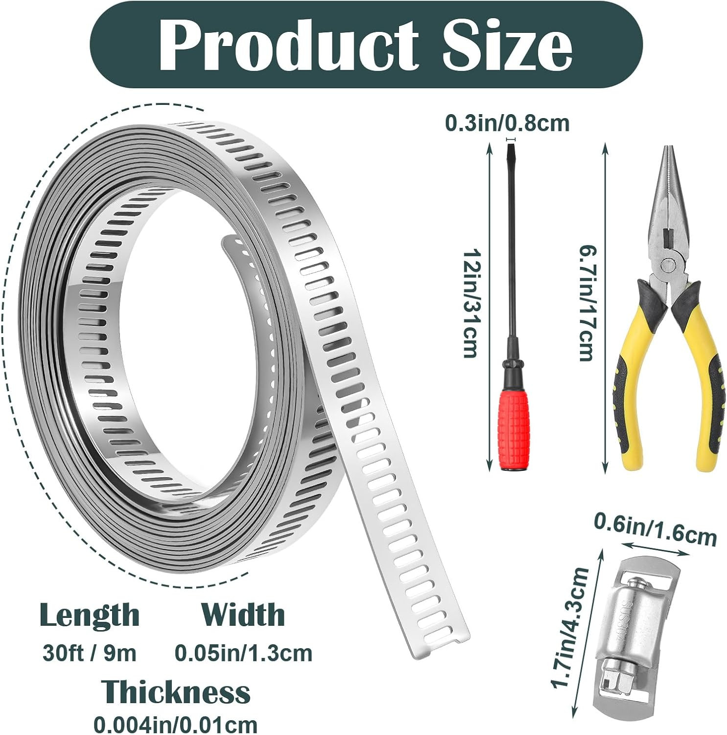 30FT Hose Clamps and 30 Fasteners, Cut-To-Fit 304 Stainless Steel Adjustable