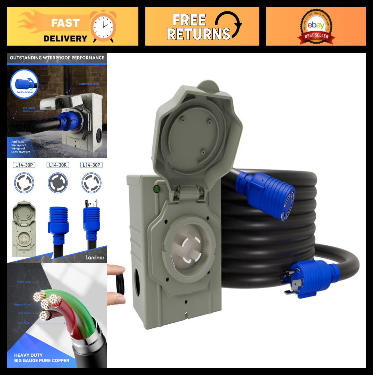 50AMP 10ft Generator Power Cord with Inlet Box, 4-Prong NEMA L14-30P to L14-30R,