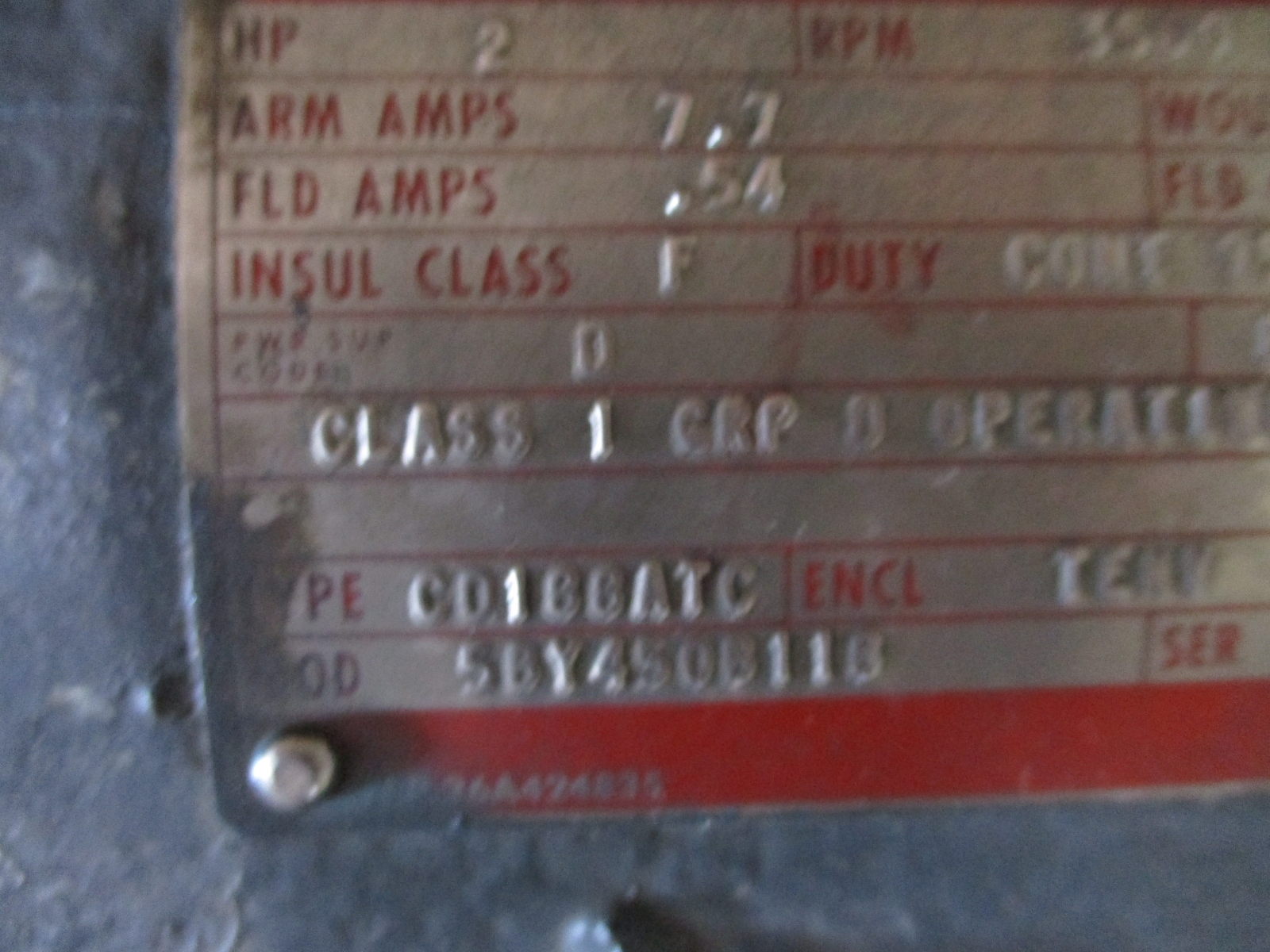GENERAL ELECTRIC 5BY450B118 TYPE CD188ATC KINAMATIC DIRECT CURRENT MOTOR 2HP