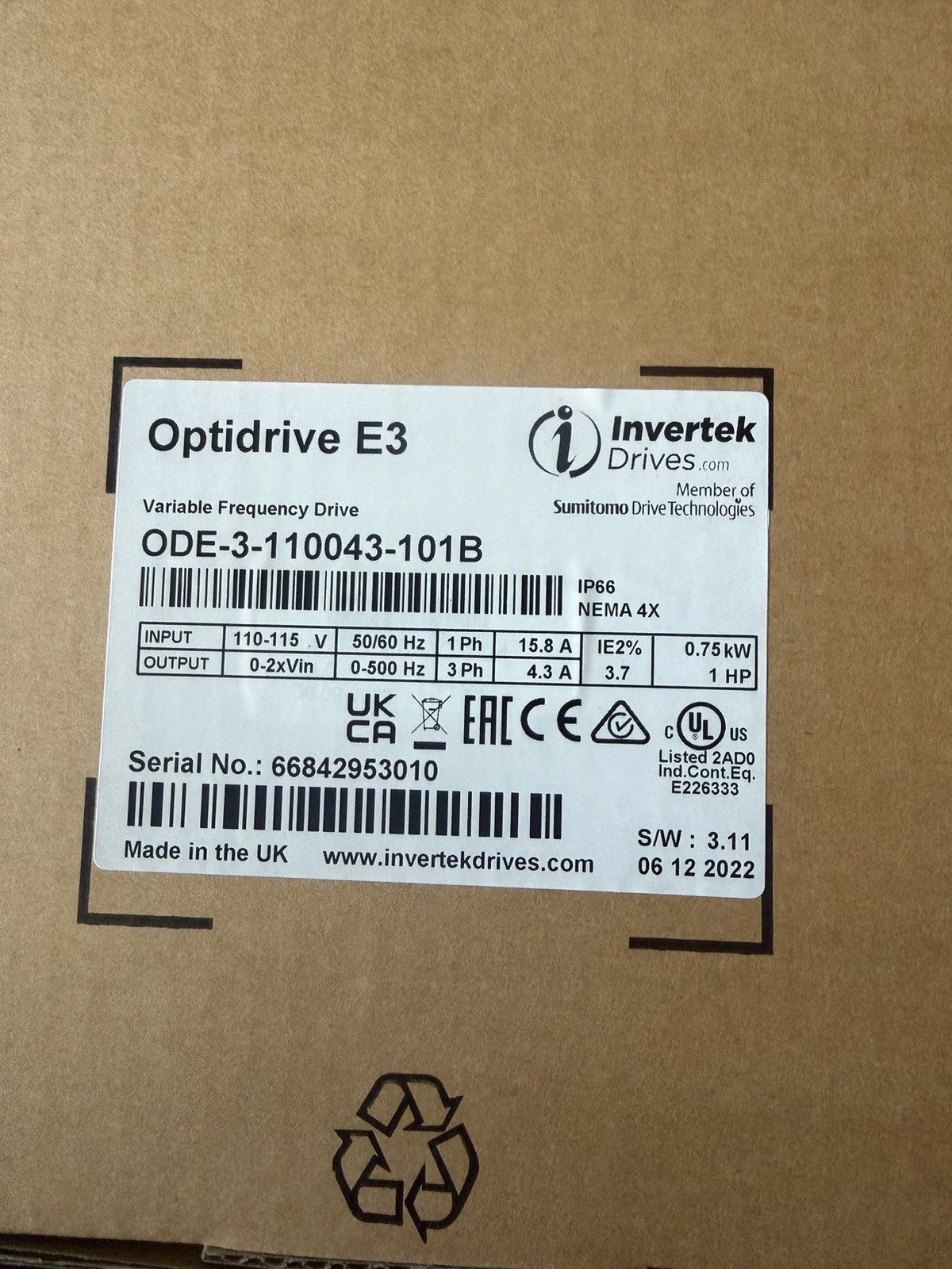 ODE-3-110043-101B Invertek VFD 1HP 4.3A 110V-115V 1Ph/3Ph VFDexchange