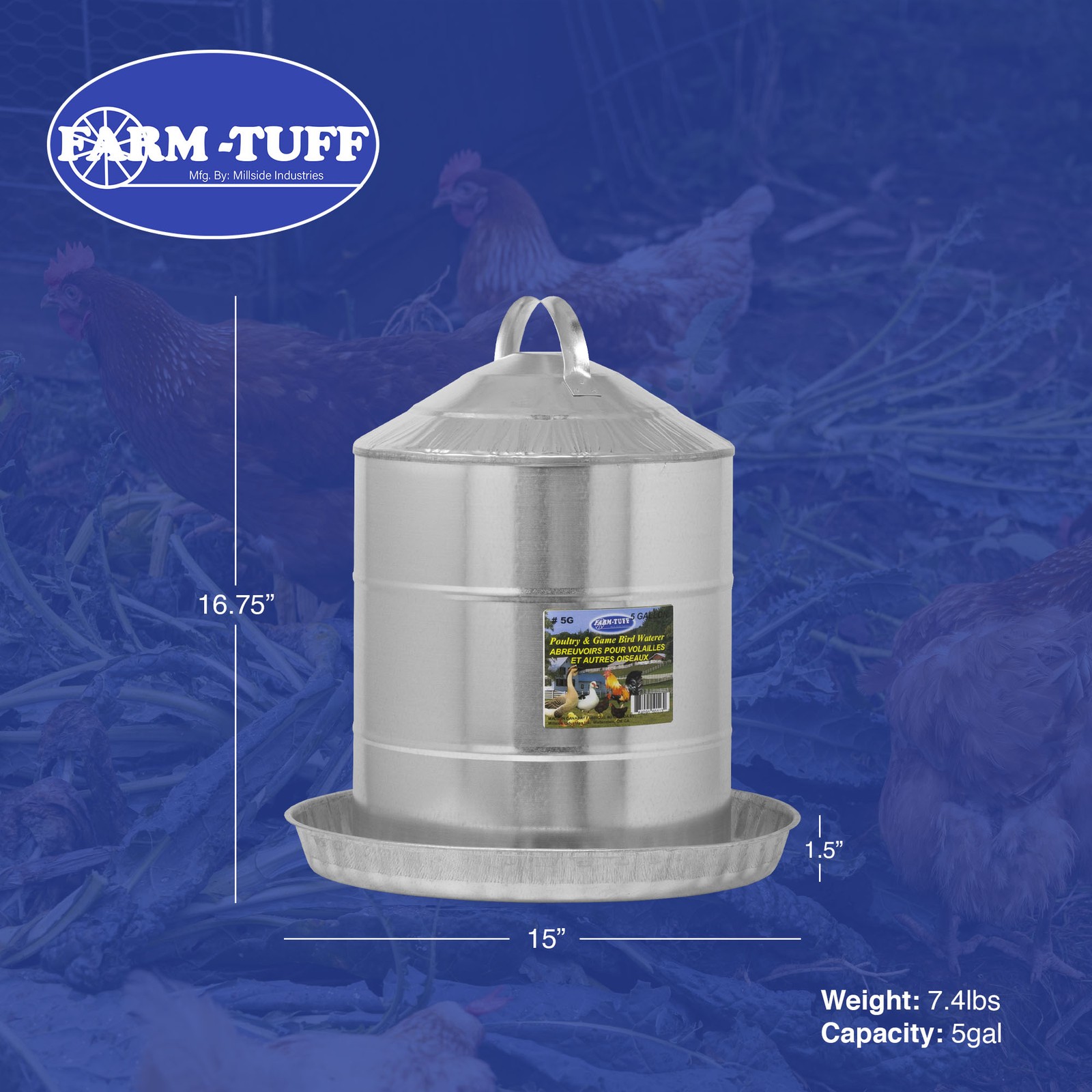 FARM-TUFF Double Wall Cone Top Galvanized Poultry Fountain, 5 Gallon Capacity