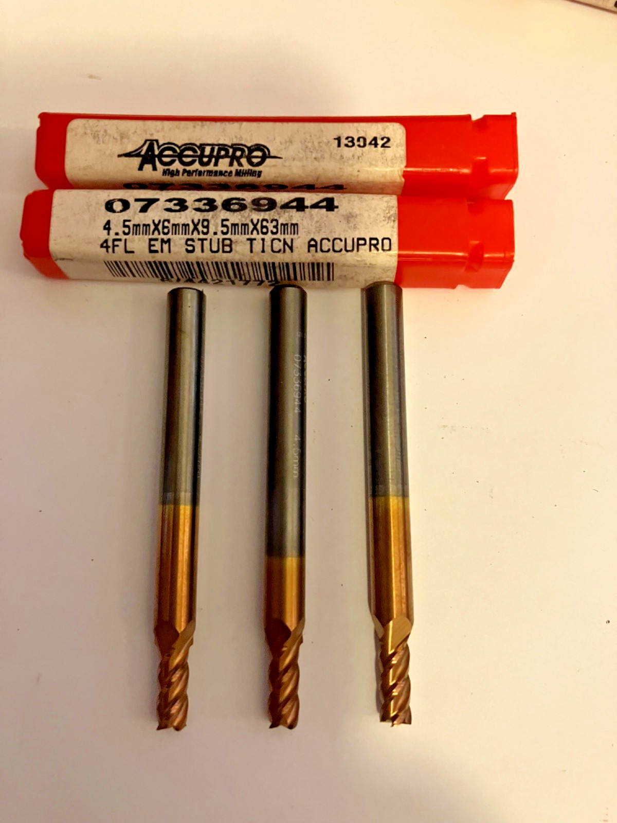 New Carbide Accupro End Mills. (4.5 MM Dia. x 9.5MM LOC x 63MM OAL) Lot of 3pcs