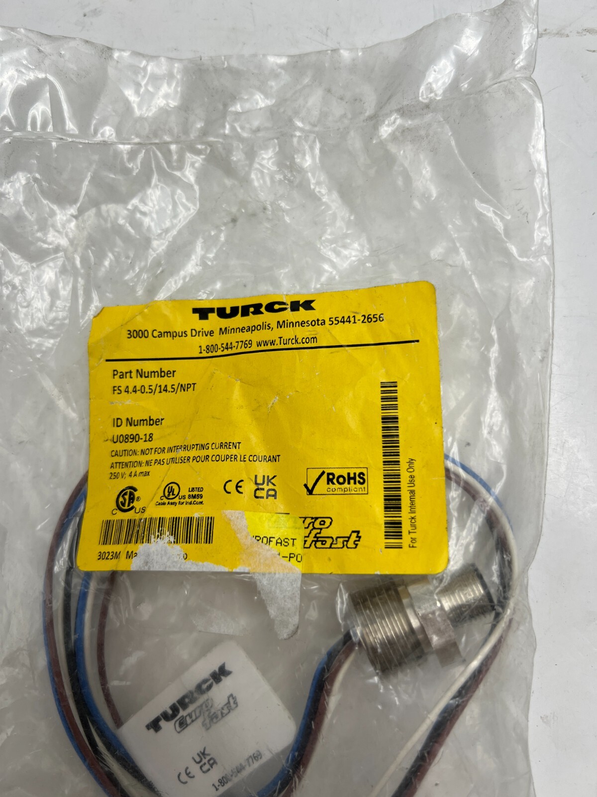 TURCK FS 4.4-0.5/14.5/NPT ID NUMBER U0890-18 Replacement Connector