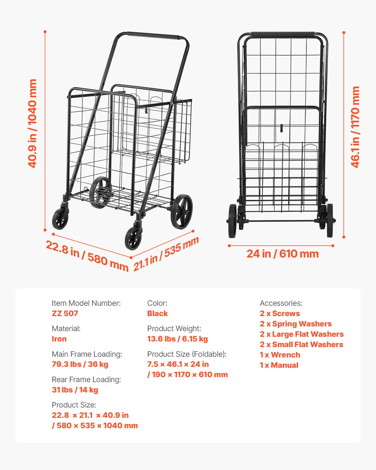 VEVOR Folding Shopping Cart Rolling Grocery Cart with Double Baskets 110 LBS